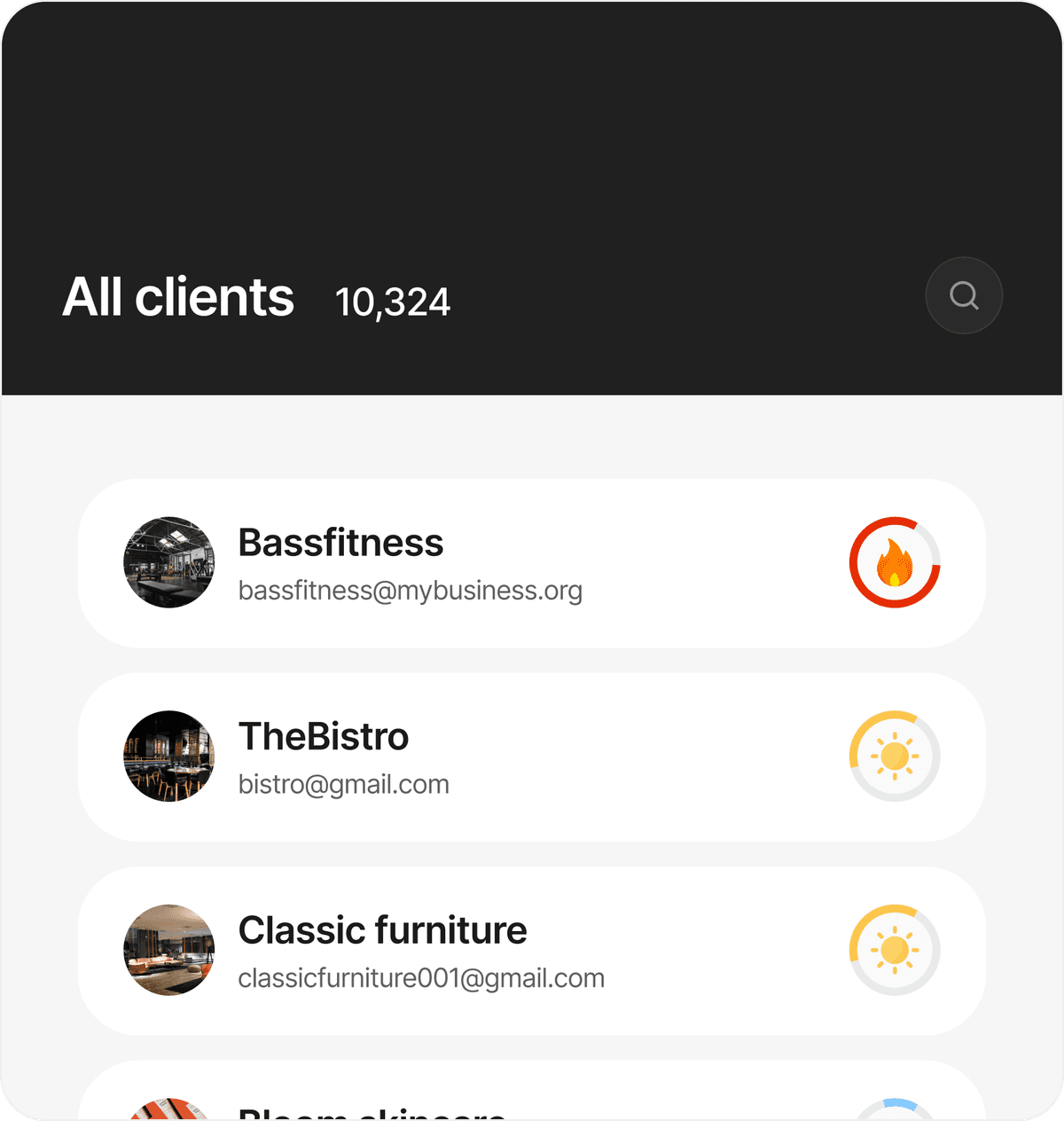 A Serlzo client list showing 10,324 clients, each with their own inbox and engagement score