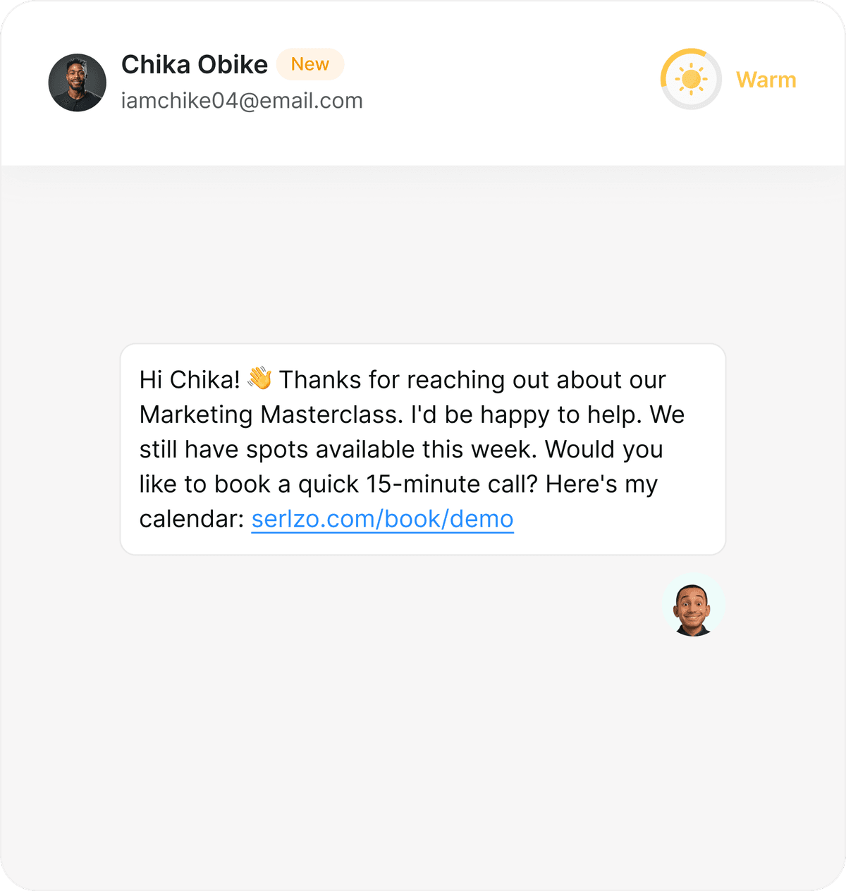 A new lead marked warm, with an instant reply offering a 15-minute call and a booking link