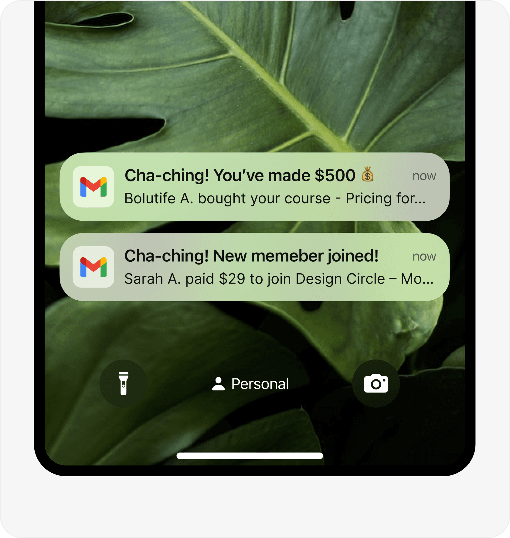 A phone showing Serlzo alerts: a $500 course sale and a new paid member joining Design Circle