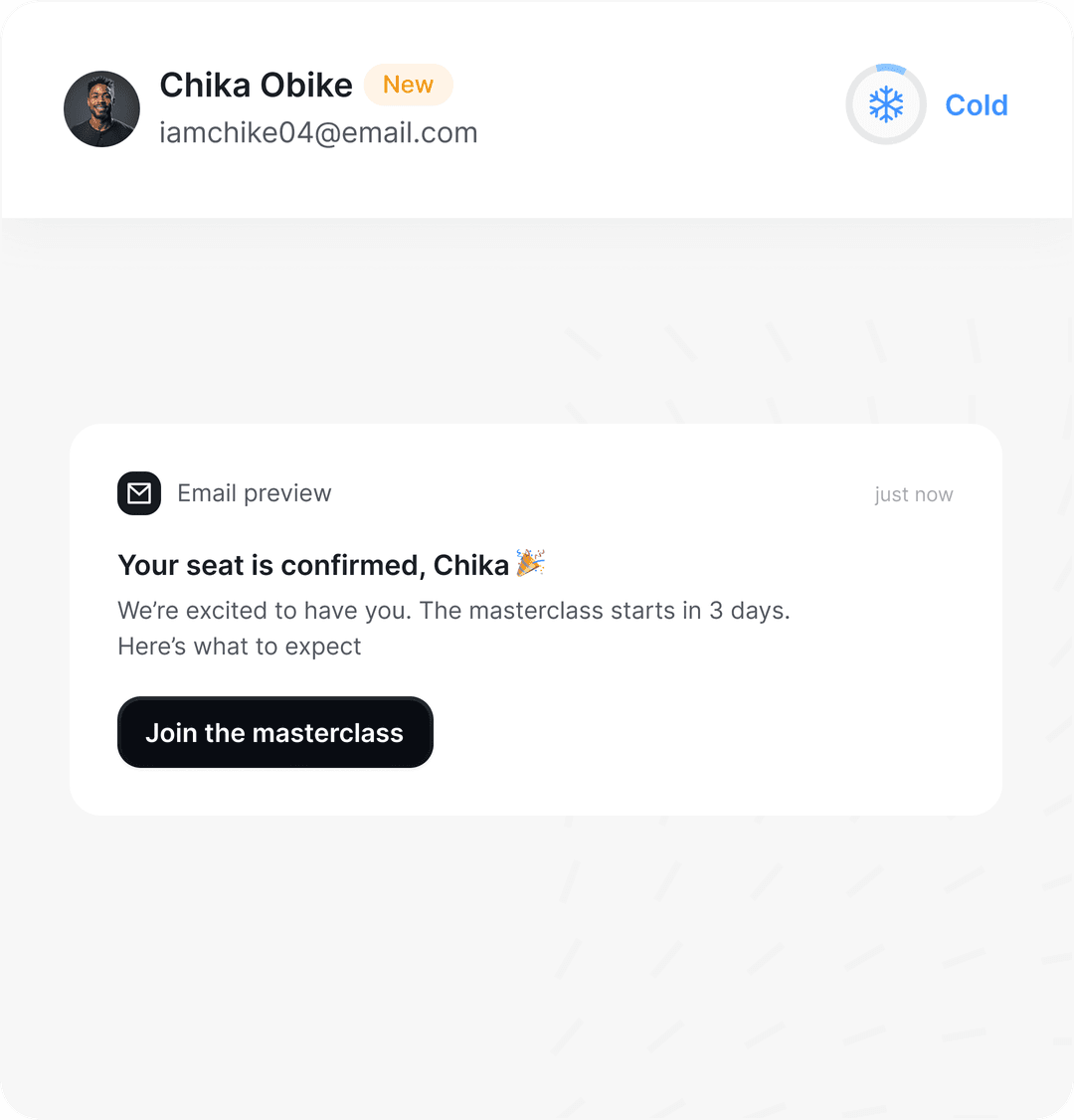 Confirmation email preview - “Your seat is confirmed” with a Join the masterclass button