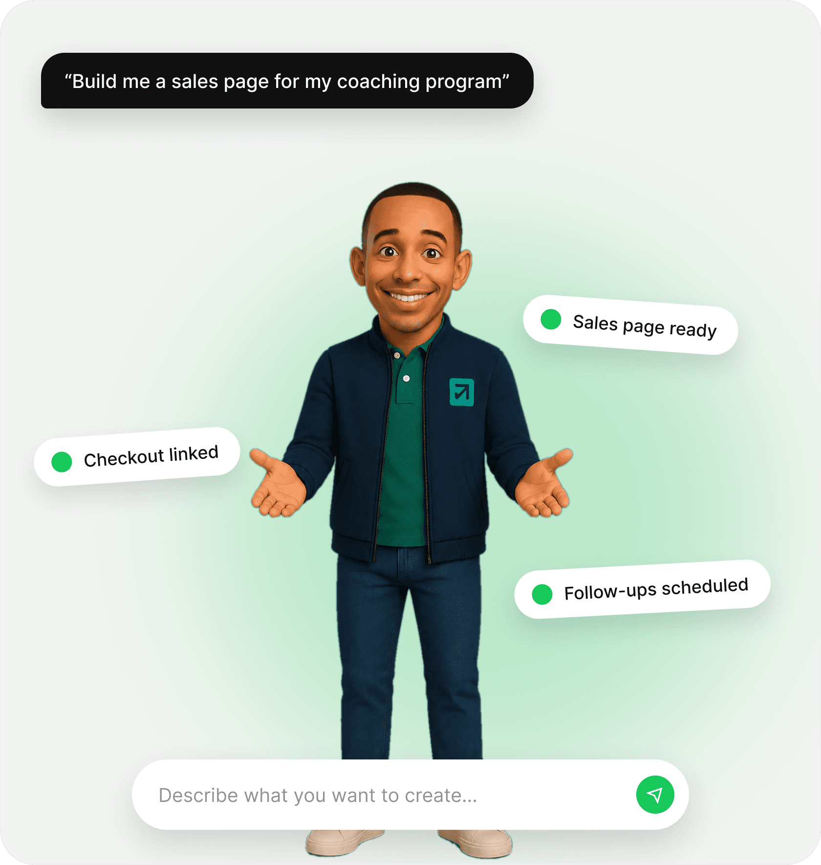 Sio building a sales page, then confirming checkout is linked and follow-ups are scheduled