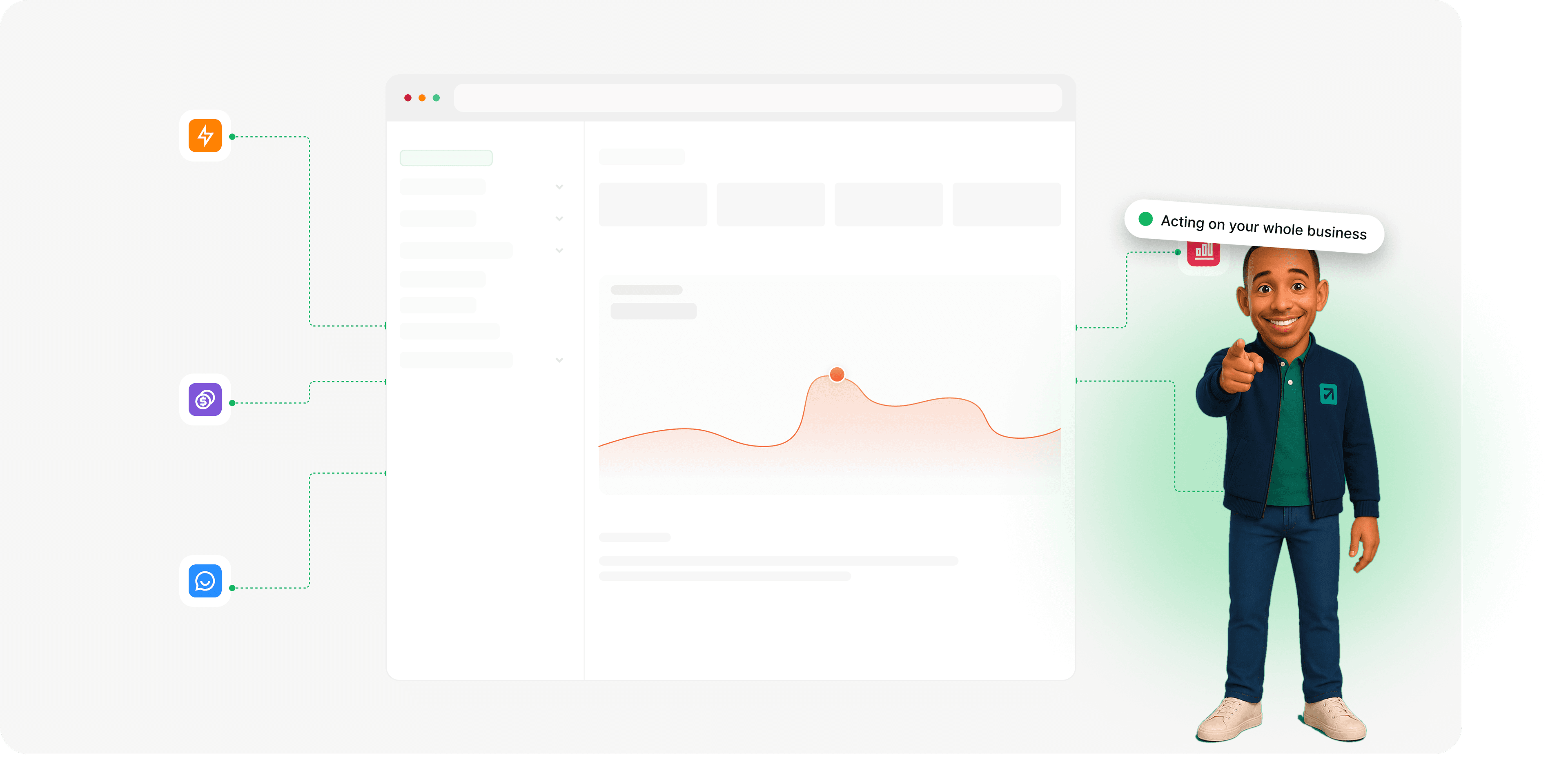 Sio pointing at a dashboard connected to your tools, acting on your whole business