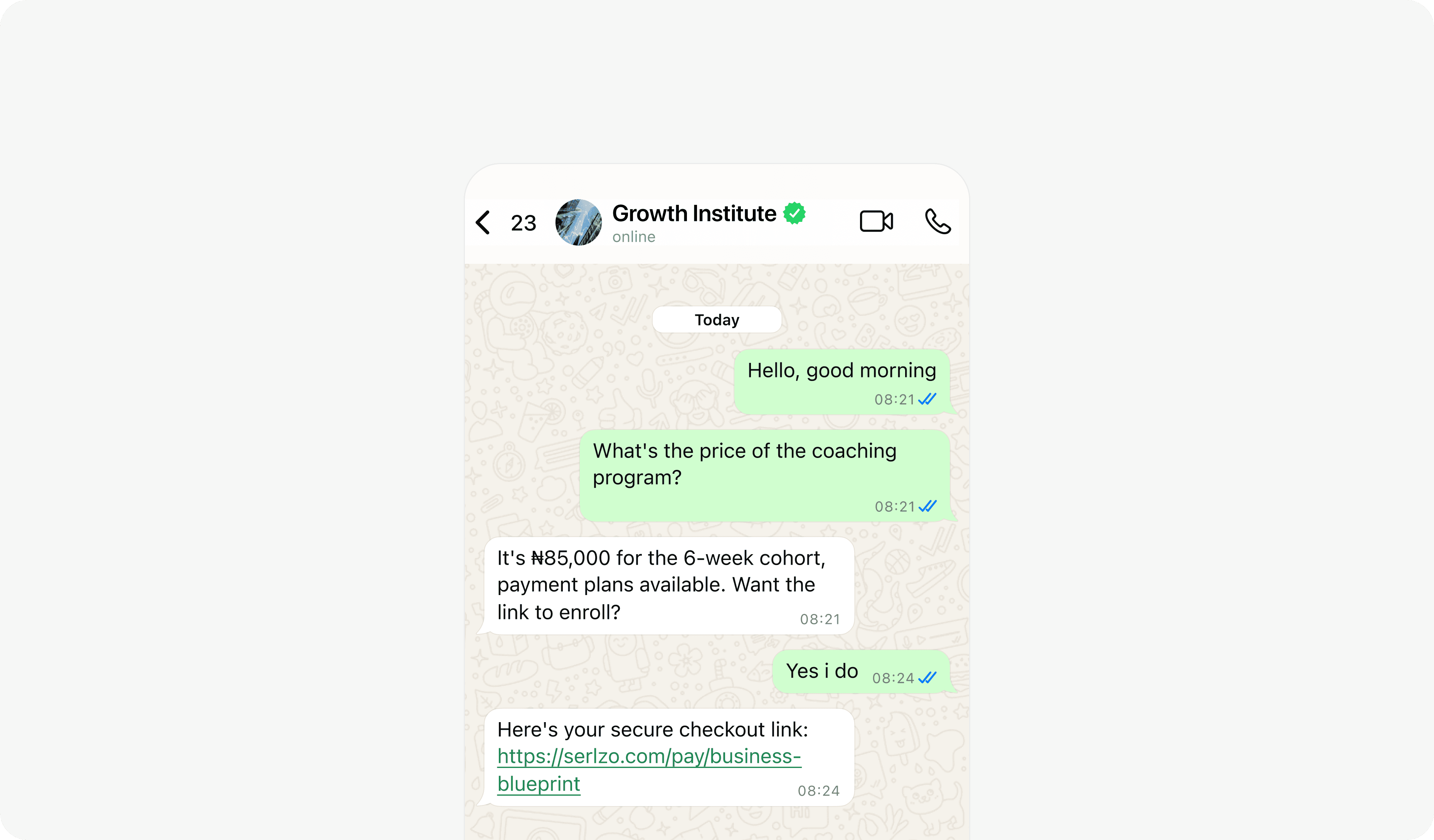 WhatsApp chat where the AI quotes the coaching program price and sends a secure checkout link